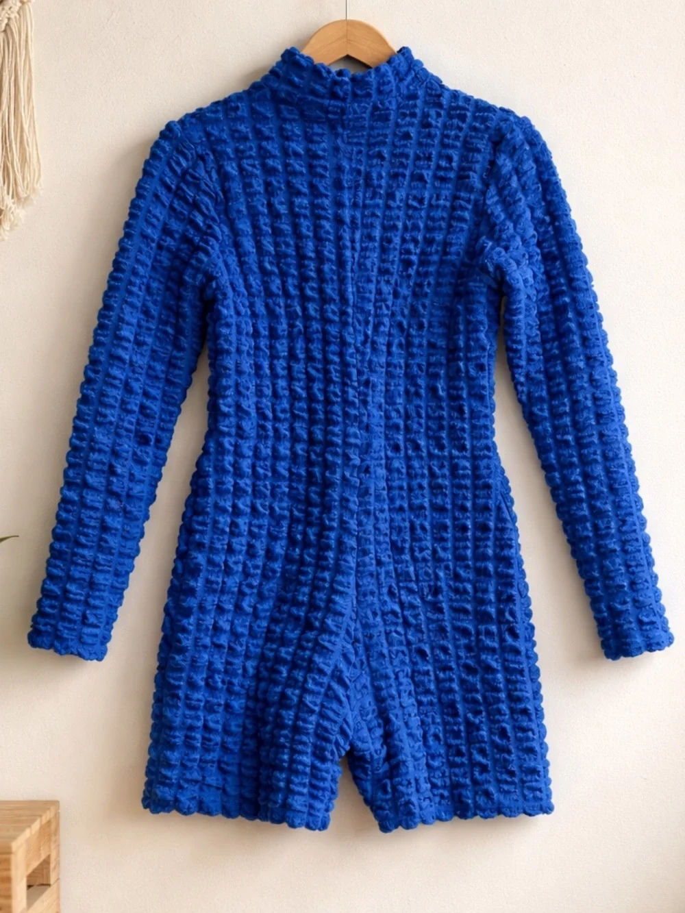 Textured Zip-Front Royal Blue Romper Jumpsuit - Picture 7 of 8